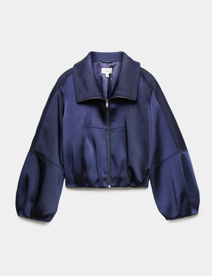 Satin Blouson Sleeve Cropped Bomber Jacket