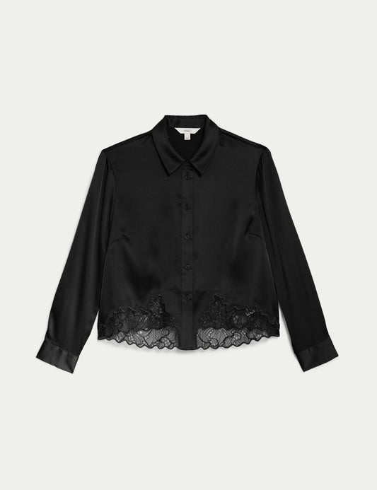 Satin Button Through Lace Detail Shirt