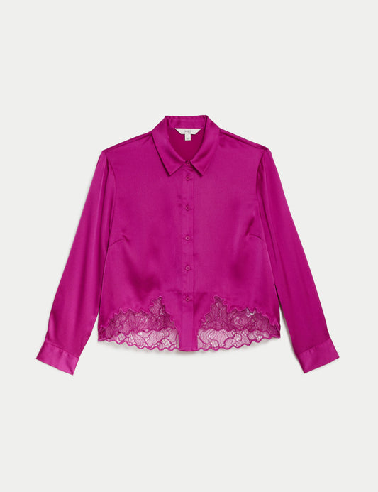 Satin Button Through Lace Detail Shirt