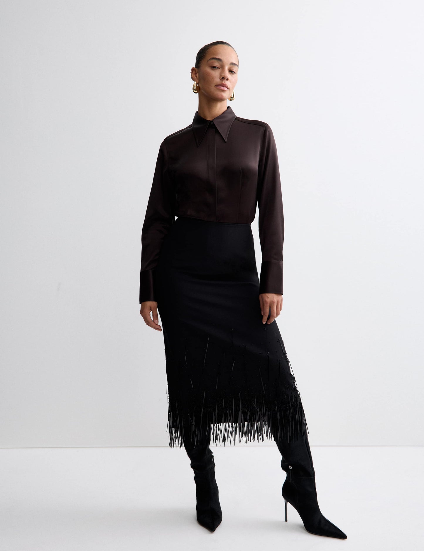 Satin Collared Fitted Long Sleeve Shirt