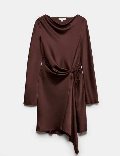 Satin Cowl Neck Mini Tie Detail Waisted Dress