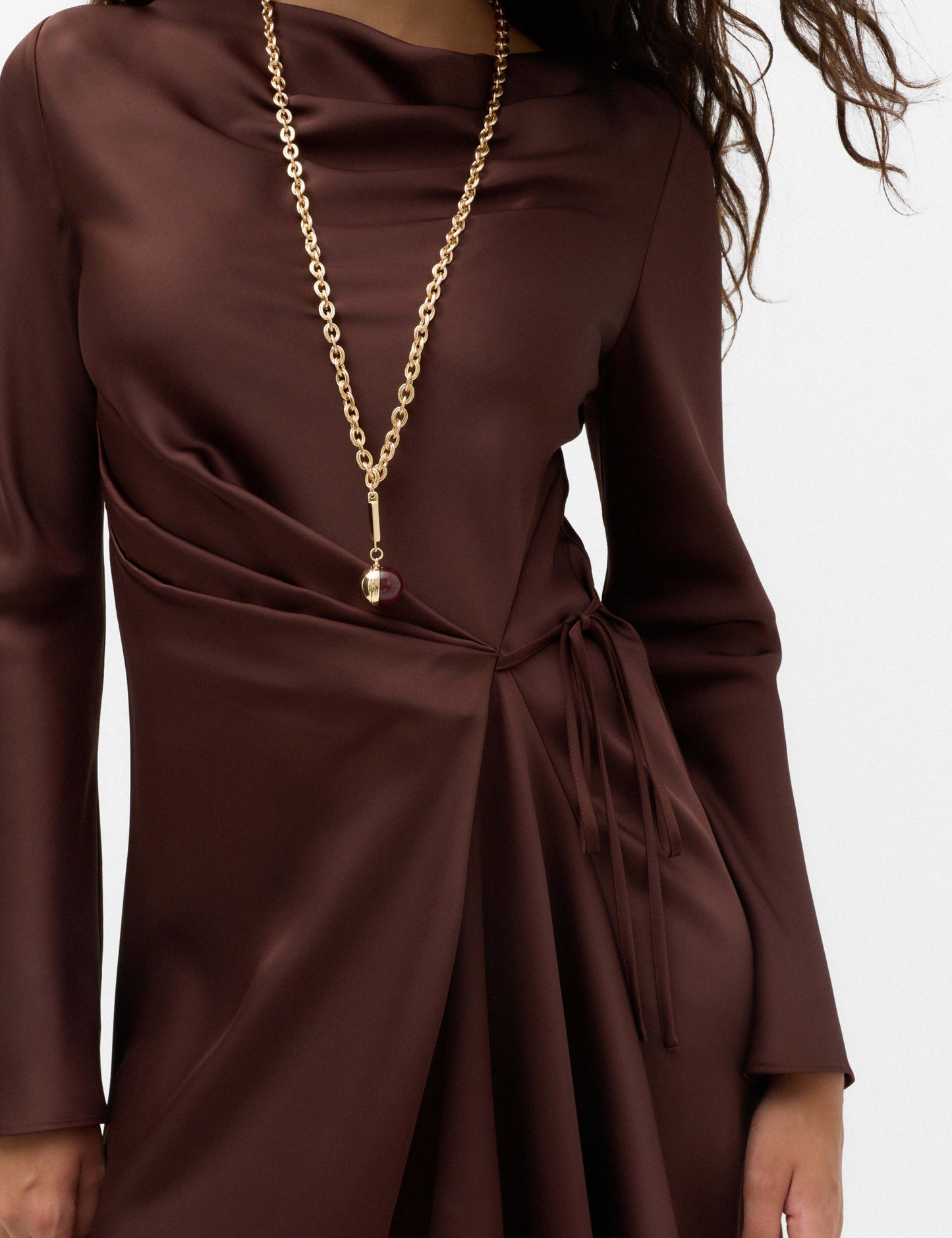 Satin Cowl Neck Mini Tie Detail Waisted Dress