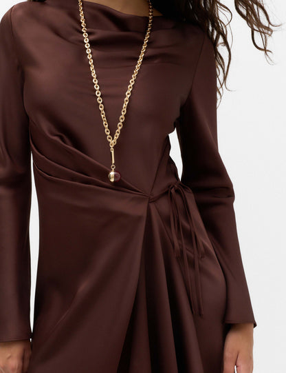 Satin Cowl Neck Mini Tie Detail Waisted Dress