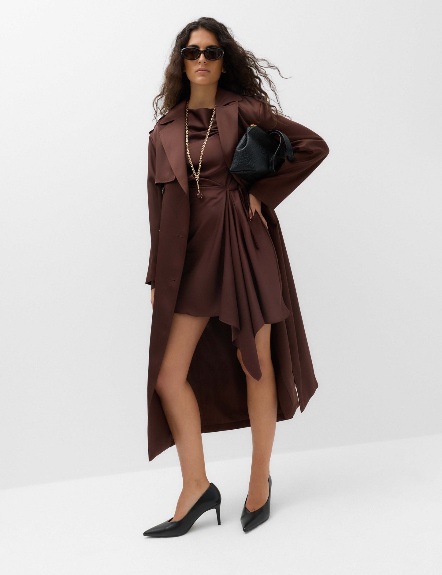 Satin Cowl Neck Mini Tie Detail Waisted Dress
