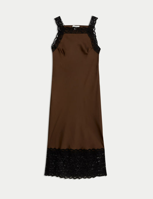 Satin Lace Square Neck Midaxi Slip Dress