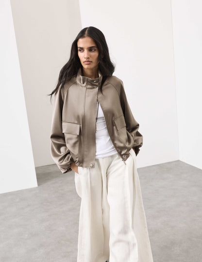Satin Lightweight Funnel Neck Bomber Jacket