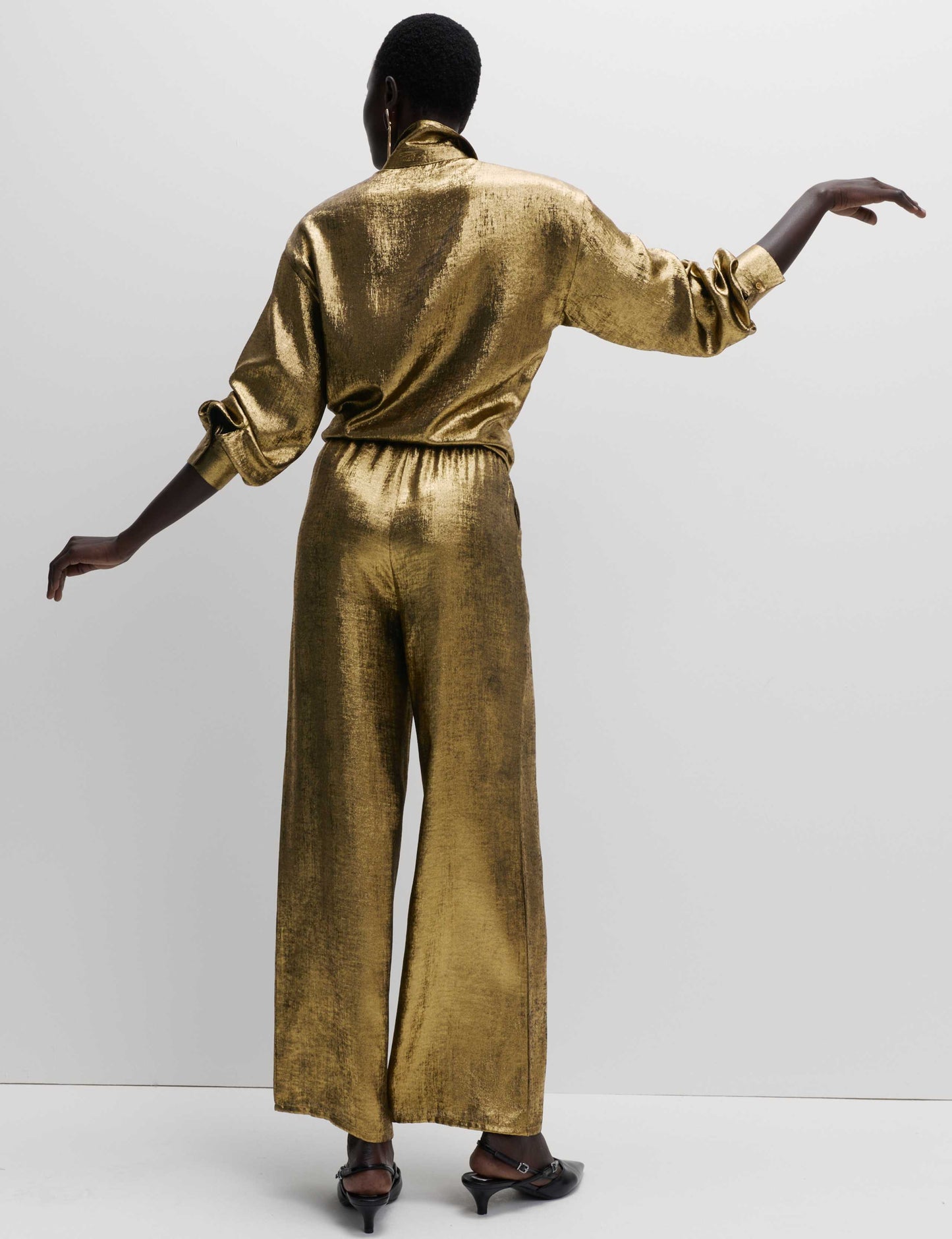 Satin Metallic Drawstring Wide Leg Trousers