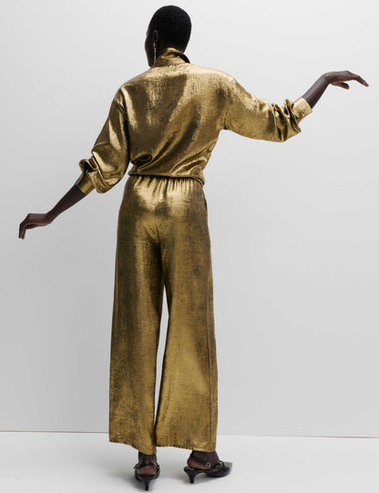 Satin Metallic Drawstring Wide Leg Trousers