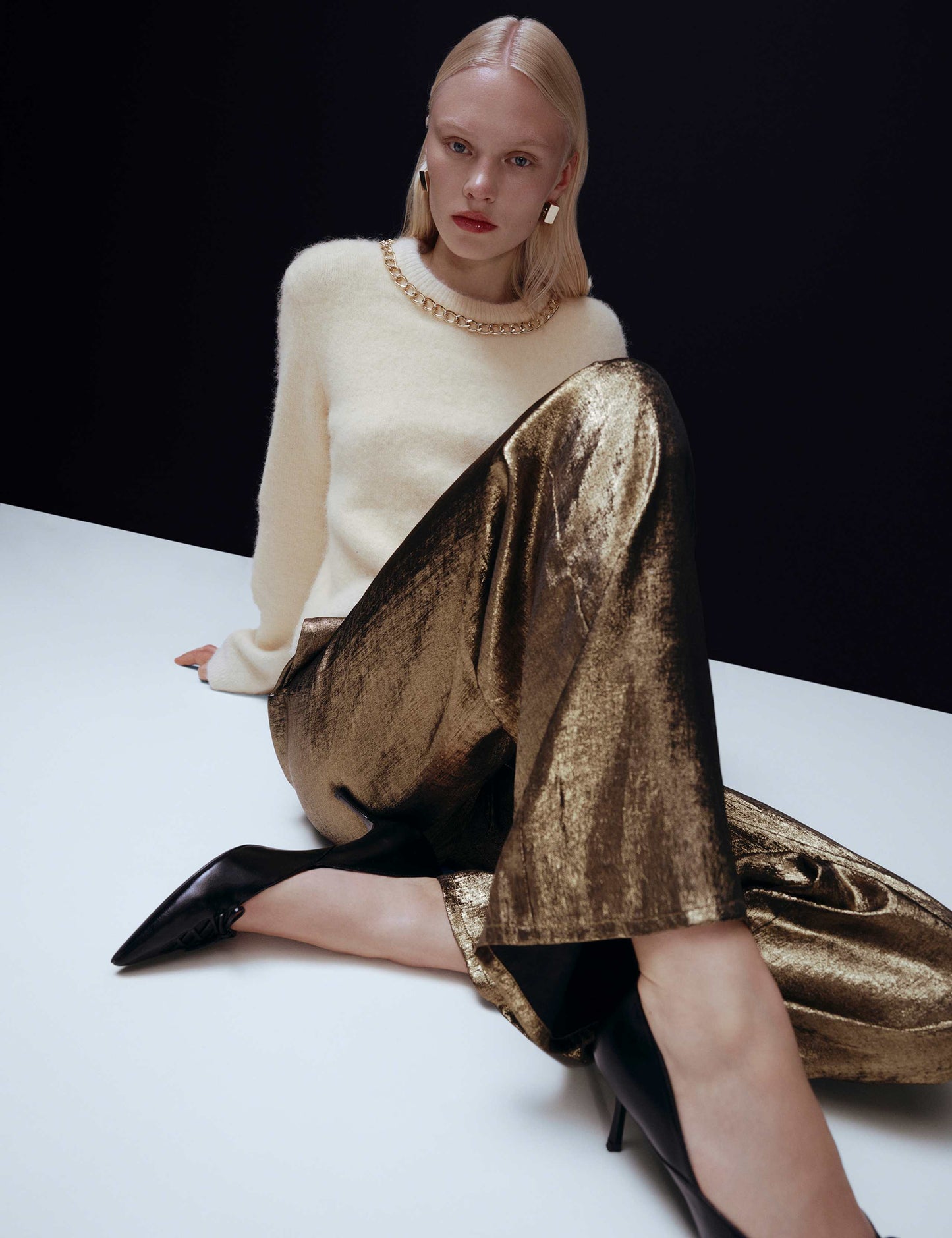 Satin Metallic Drawstring Wide Leg Trousers