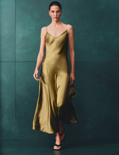 Satin Ruffle Maxi Slip Dress