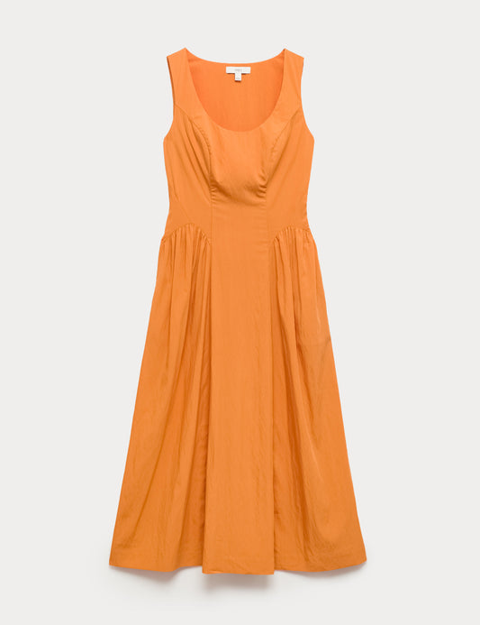 Scoop Neck Pleated Midi Drop Waist Dress