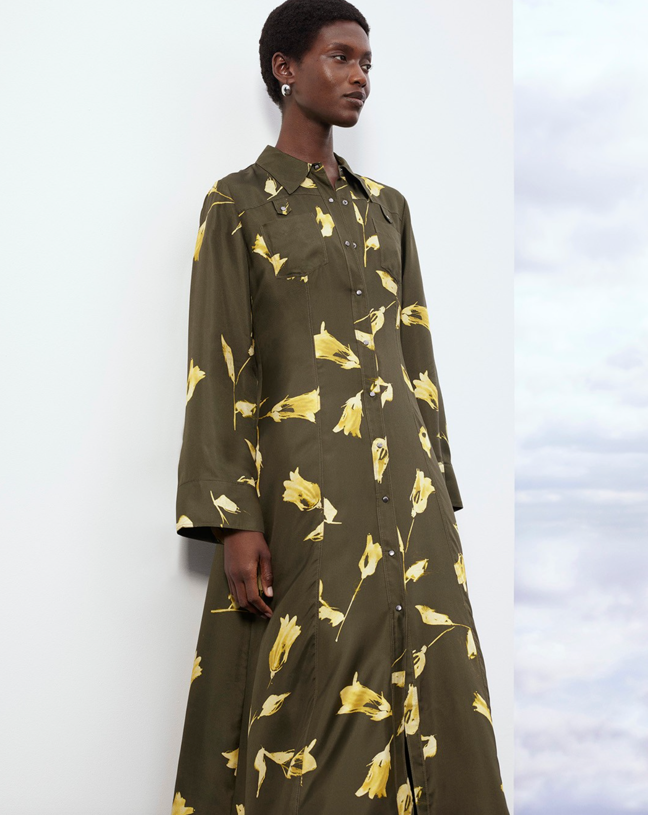 Green Floral Silk Shirt Midi Dress