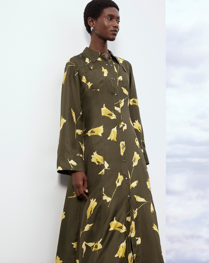Green Floral Silk Shirt Midi Dress