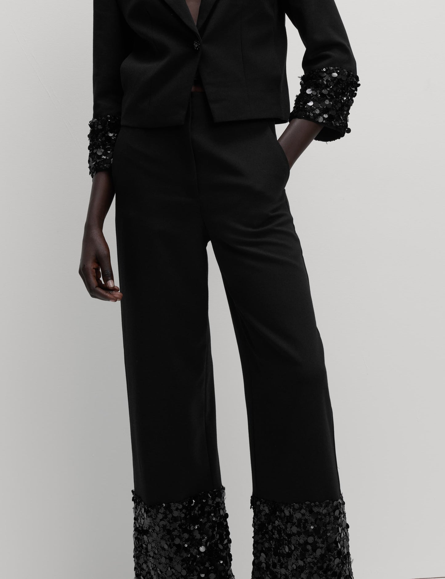 Sequin Paneled Straight Ankle Grazer Trousers