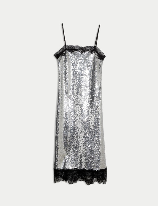 Sequin Square Neck Midi Slip Dress