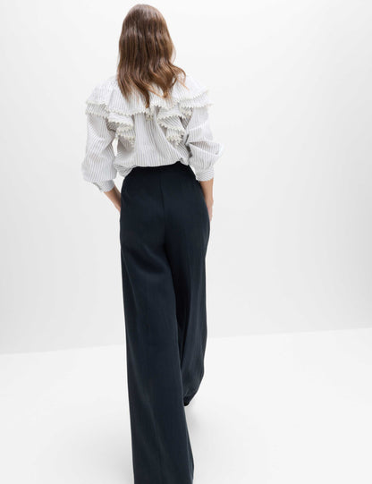 Single Pleat Wide Leg Trousers with Linen