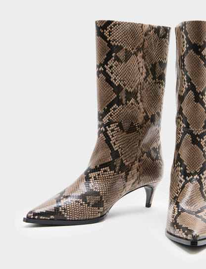 Snake Print Kitten Heel Mid Calf Boots