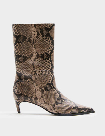 Snake Print Kitten Heel Mid Calf Boots