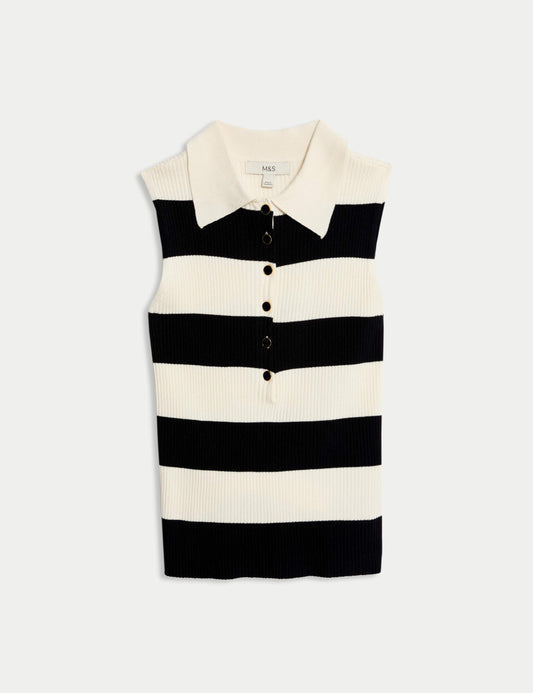 Striped Collared Knitted Vest