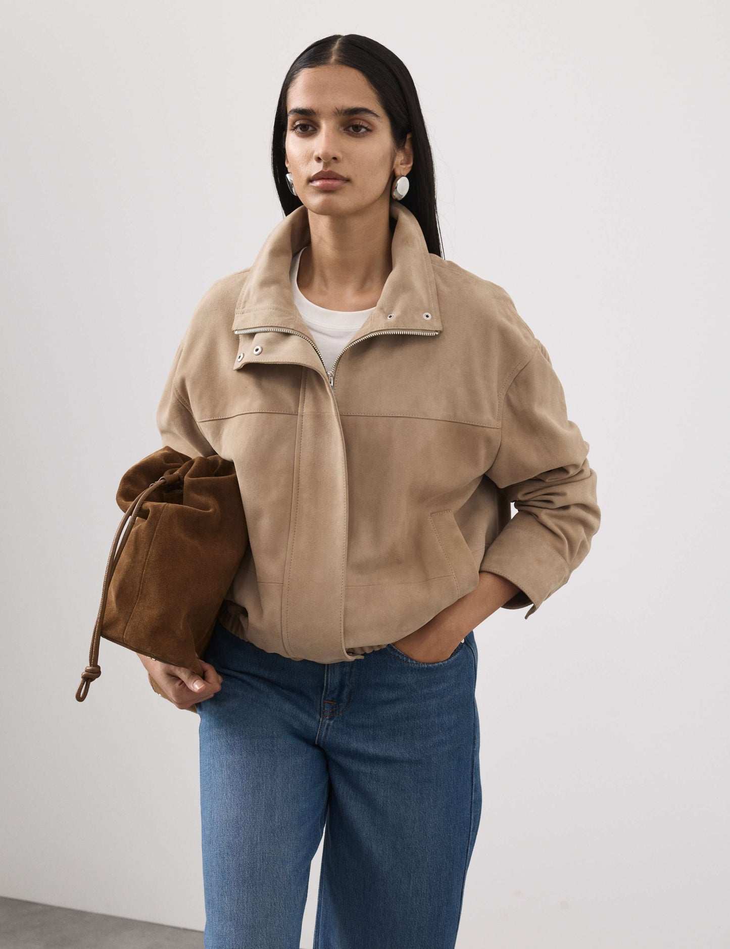 Suede Funnel Neck Blouson Jacket