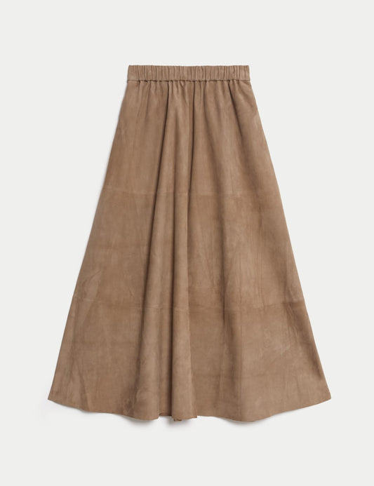 Suede Pleated Midi Skirt