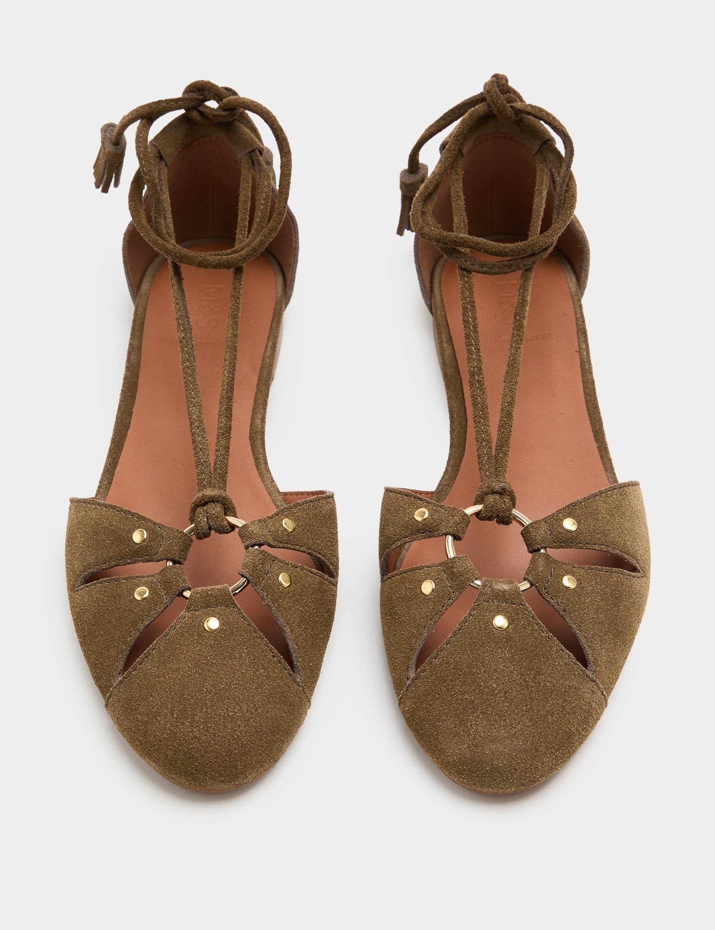 Suede Ring Detail Tie Up Flat Shoes
