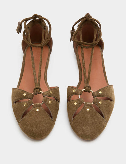 Suede Ring Detail Tie Up Flat Shoes