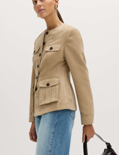 Suedette Colarless Utility Jacket