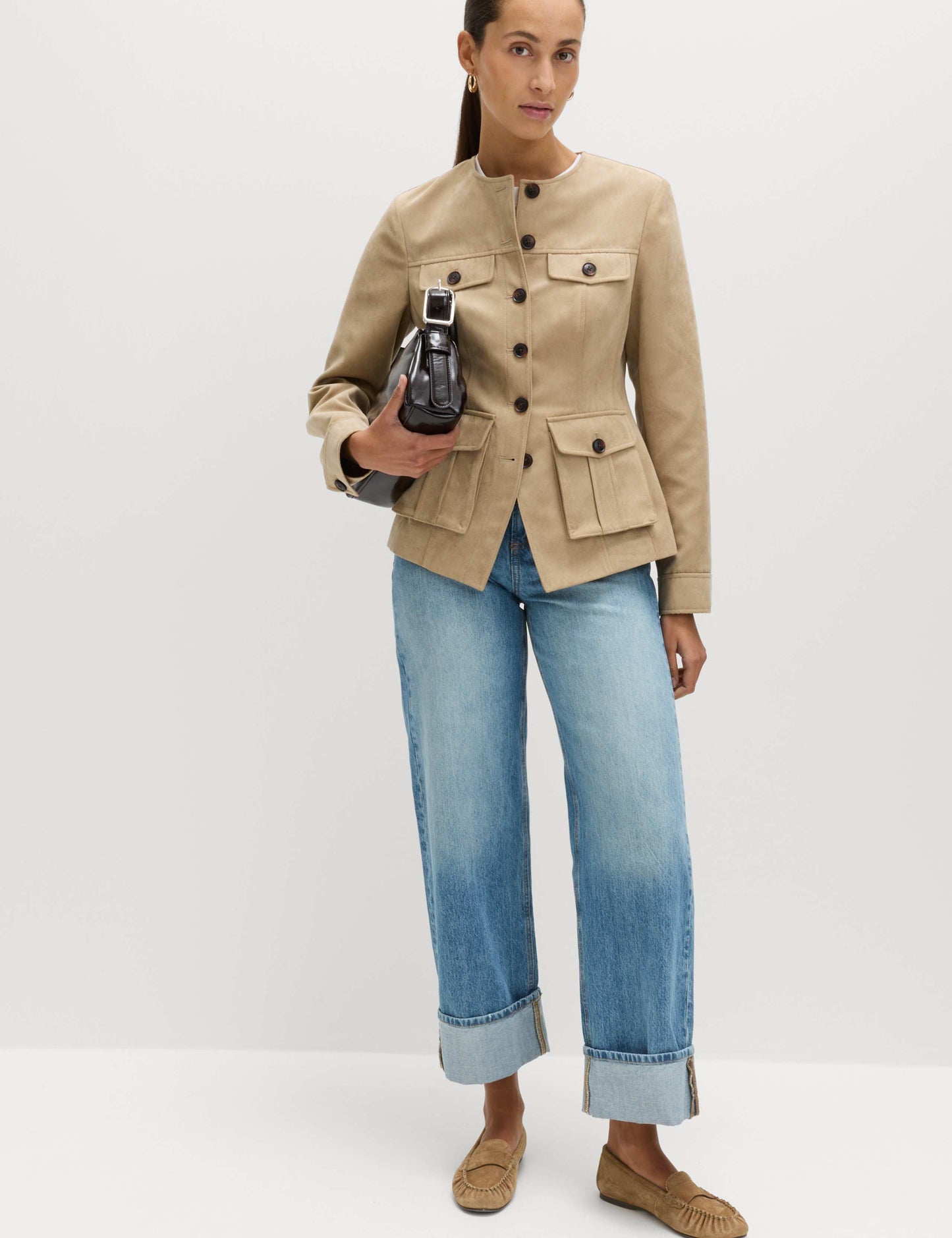 Suedette Colarless Utility Jacket
