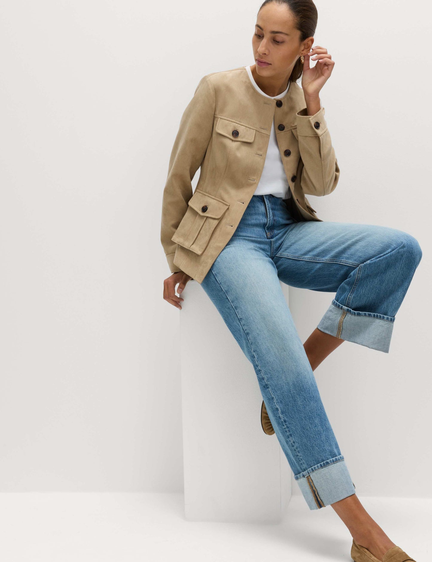 Suedette Colarless Utility Jacket
