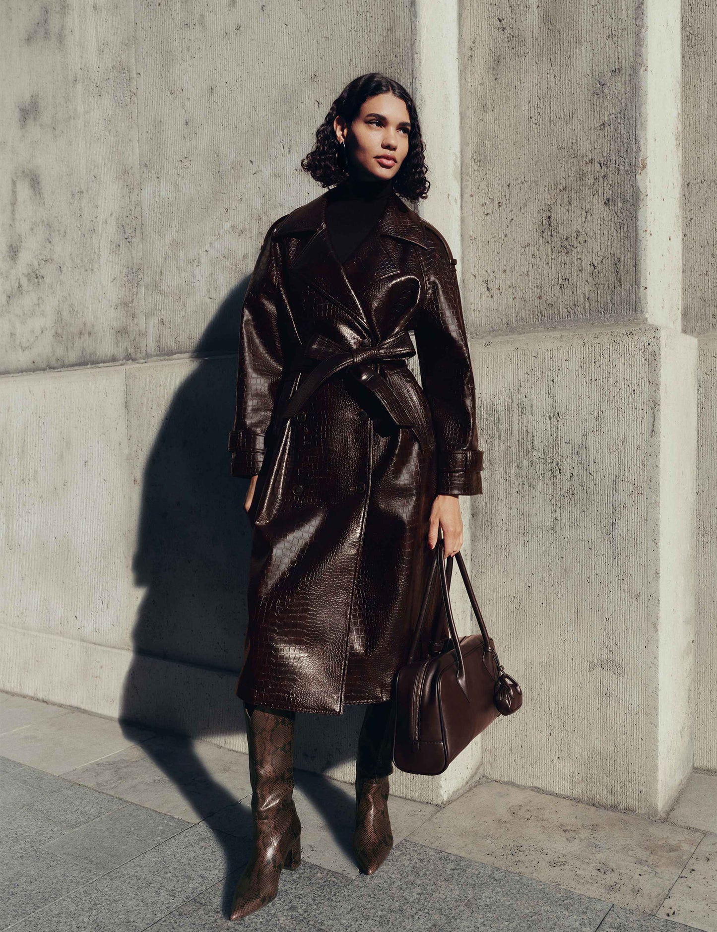 Textured Belted Longline Trench Coat