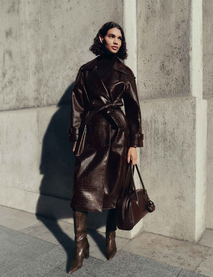 Textured Belted Longline Trench Coat