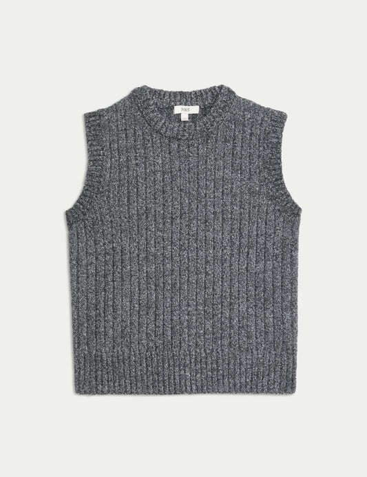 Textured Crew Neck Fitted Knitted Vest