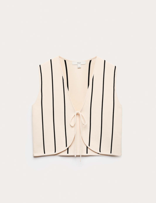 Tie Front Striped Cropped Knitted Waistcoat
