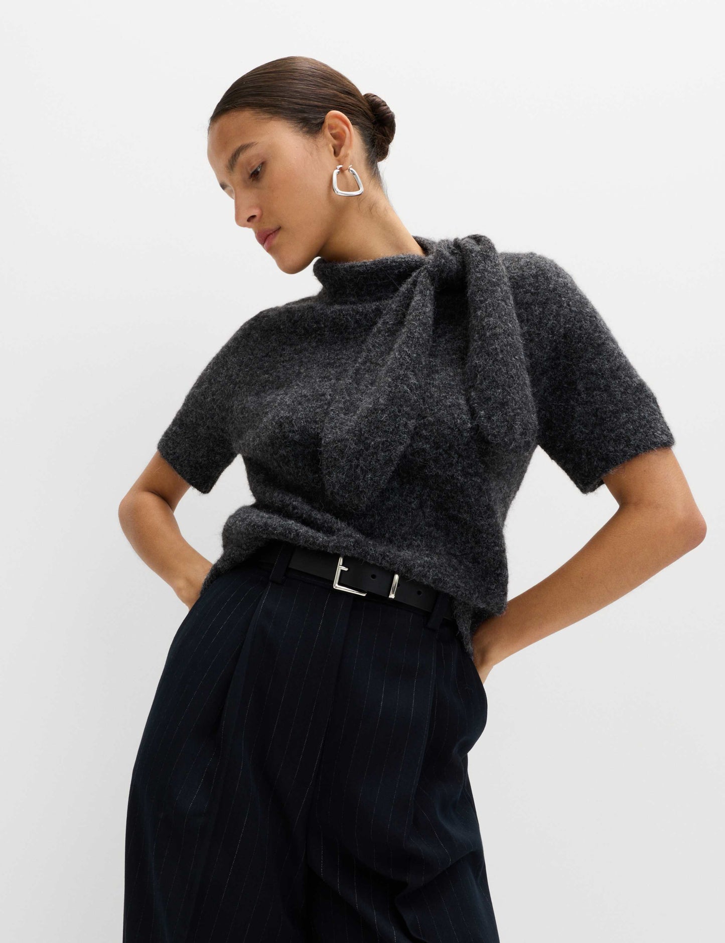 Tie Neck Knitted Top with Wool
