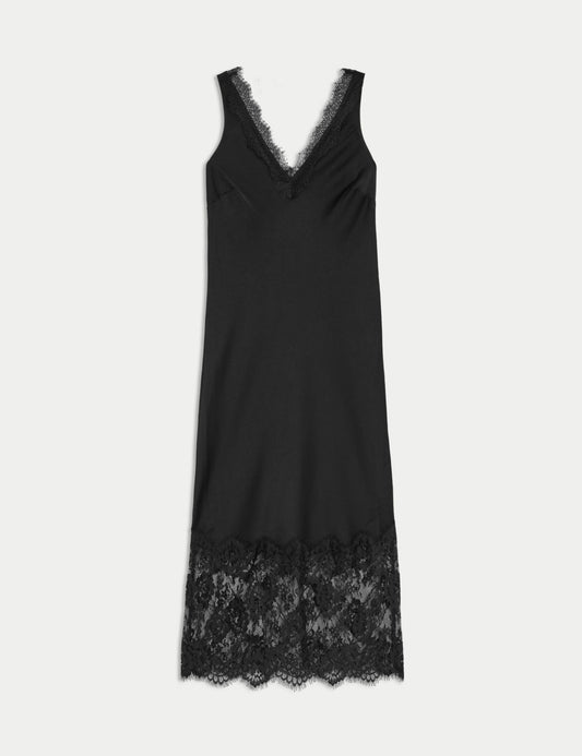 V-Neck Lace Insert Midaxi Slip Dress