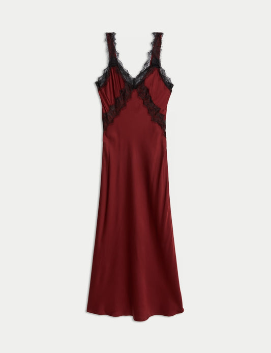 V-Neck Lace Insert Midaxi Slip Dress