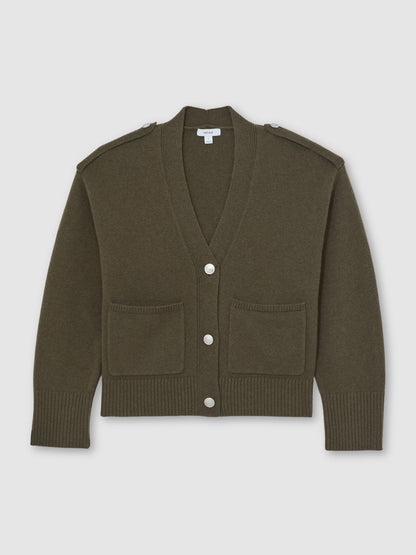 Maya Wool-Cashmere Button-Through Cardigan in Khaki Green