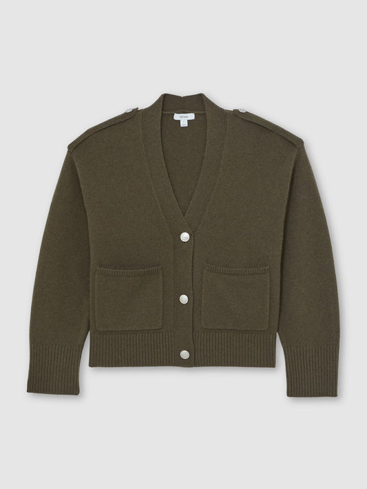 Maya Wool-Cashmere Button-Through Cardigan in Khaki Green