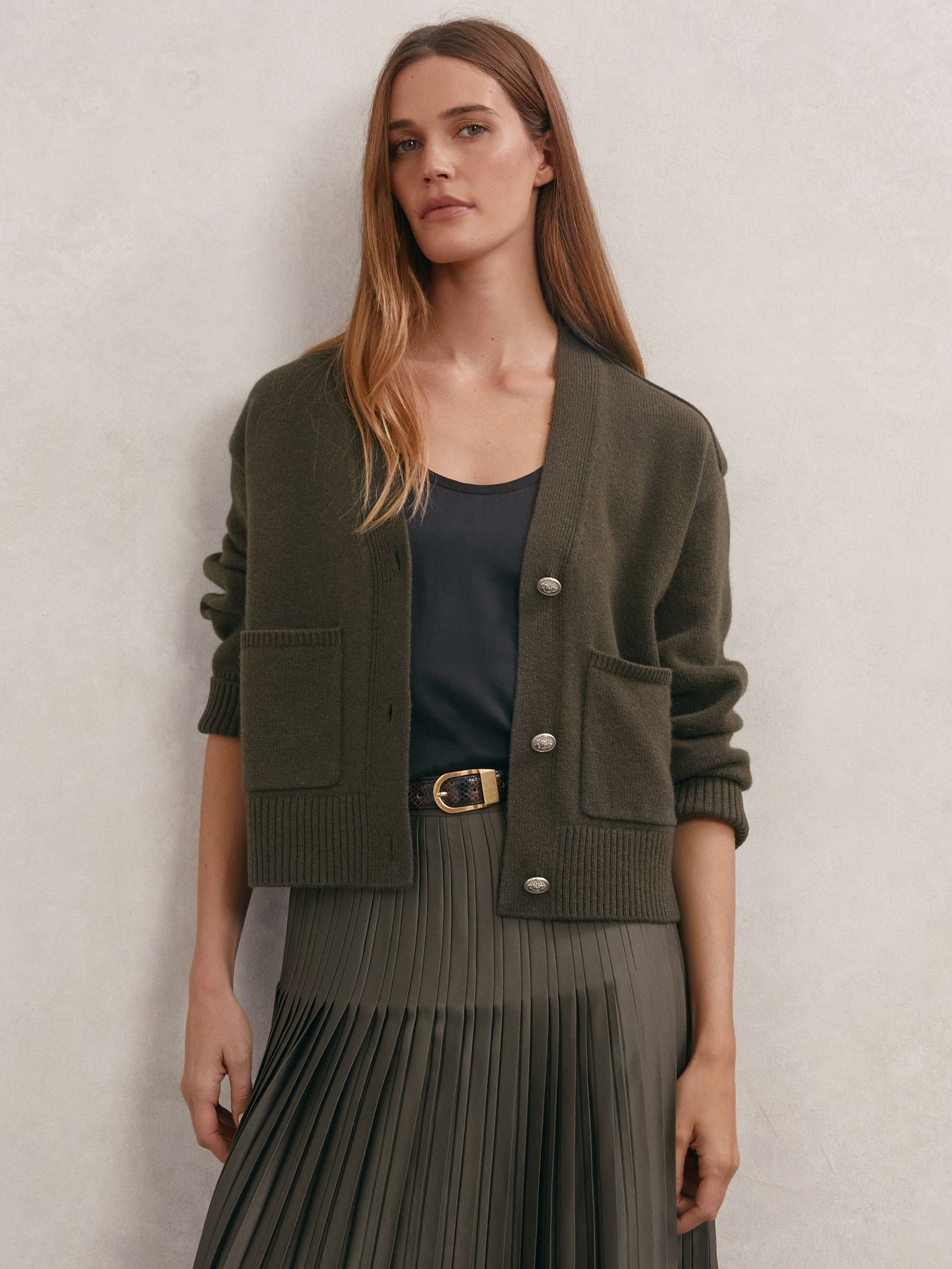 Maya Wool-Cashmere Button-Through Cardigan in Khaki Green