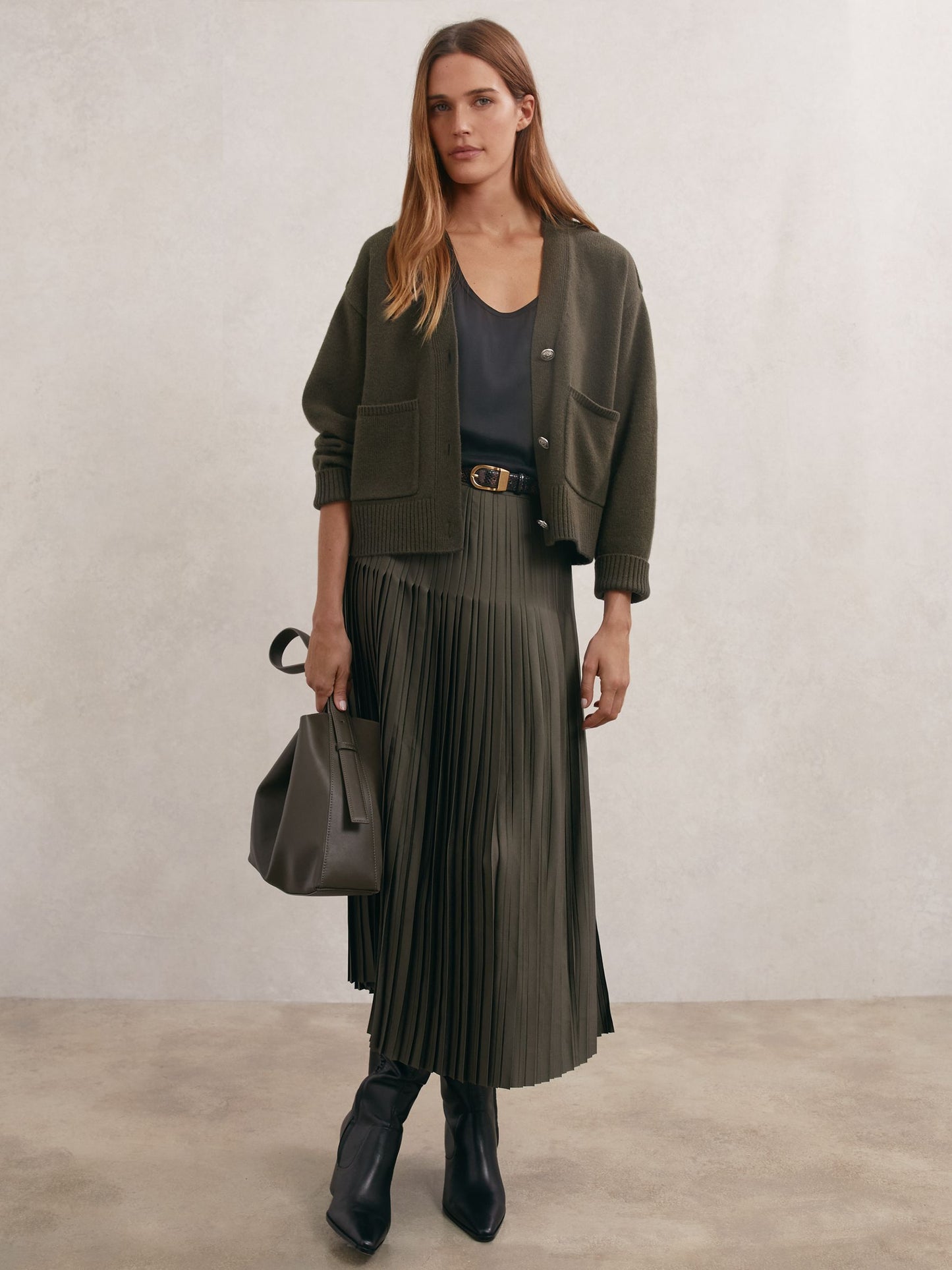 Maya Wool-Cashmere Button-Through Cardigan in Khaki Green