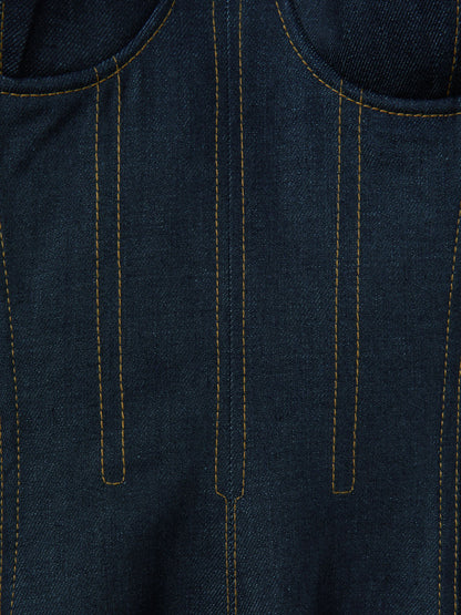 Strapless Structured Denim Midi Dress in Indigo Blue