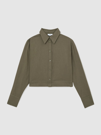 Cotton and Wool Cropped Shirt in Khaki Green