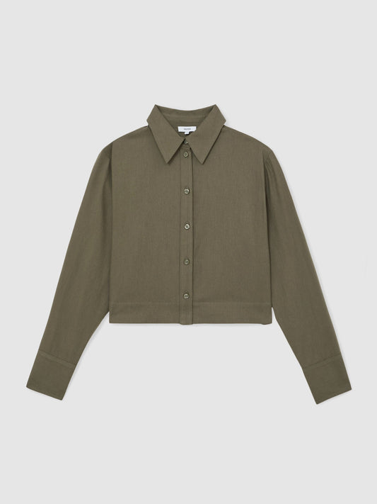 Cotton and Wool Cropped Shirt in Khaki Green