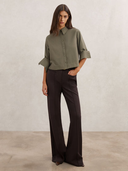 Cotton and Wool Cropped Shirt in Khaki Green