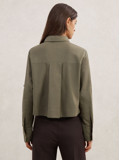 Cotton and Wool Cropped Shirt in Khaki Green