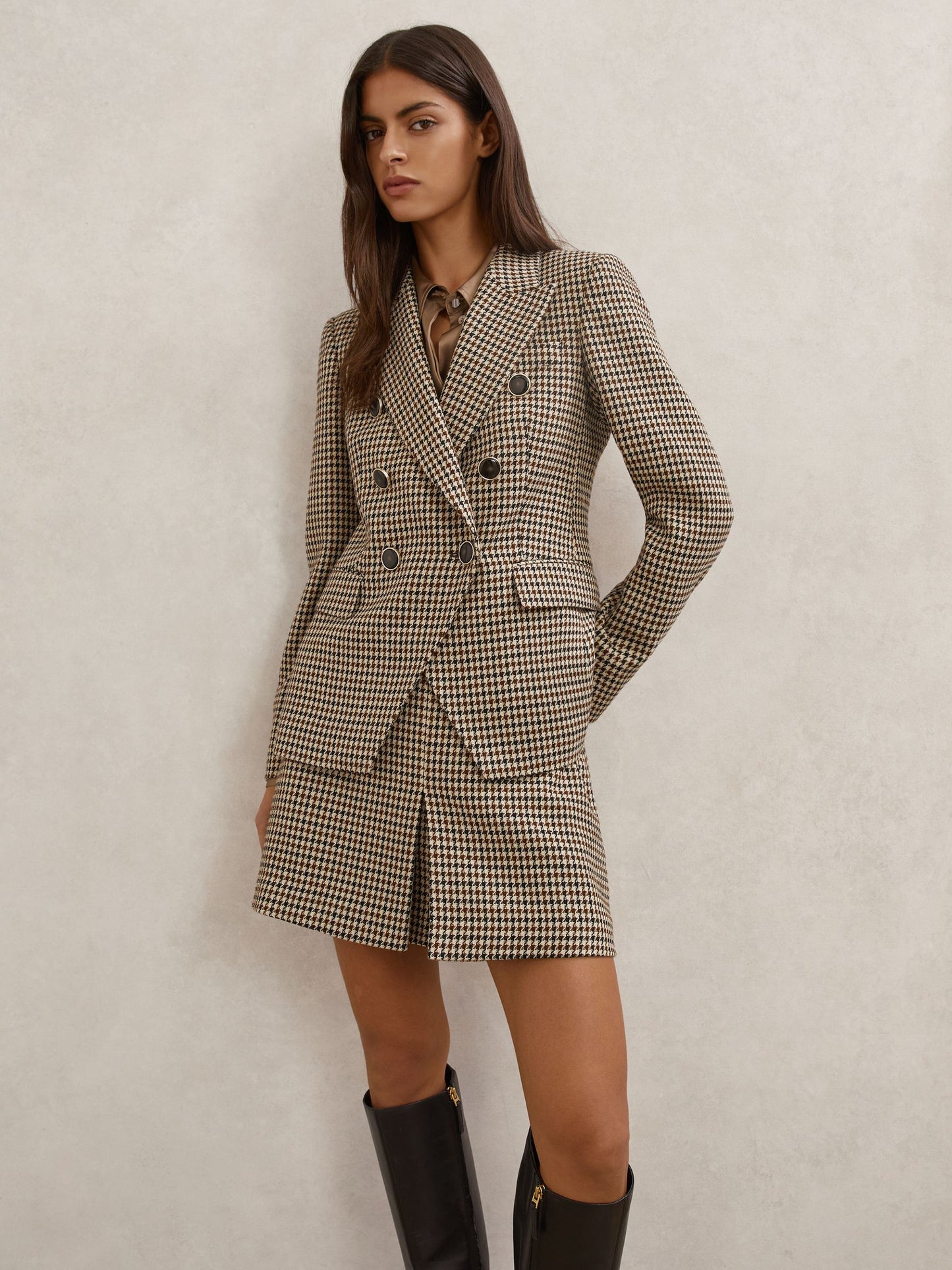 Wool-Blend Double-Breasted Check Blazer in Neutral Check