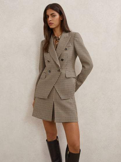 Wool-Blend Double-Breasted Check Blazer in Neutral Check