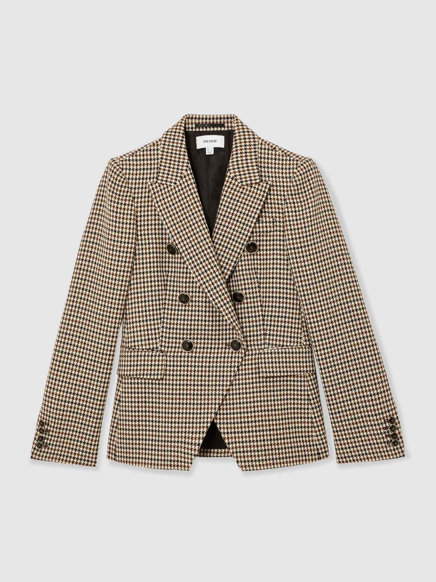 Wool-Blend Double-Breasted Check Blazer in Neutral Check