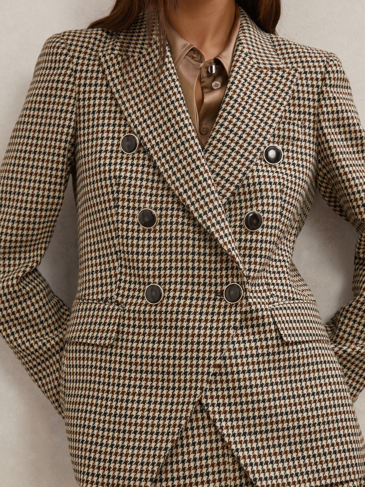 Wool-Blend Double-Breasted Check Blazer in Neutral Check